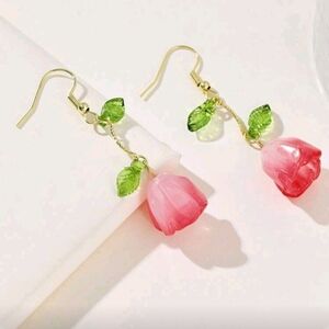 Elegant Spring Feminine Pink Rose Dangle Drop Earrings New!